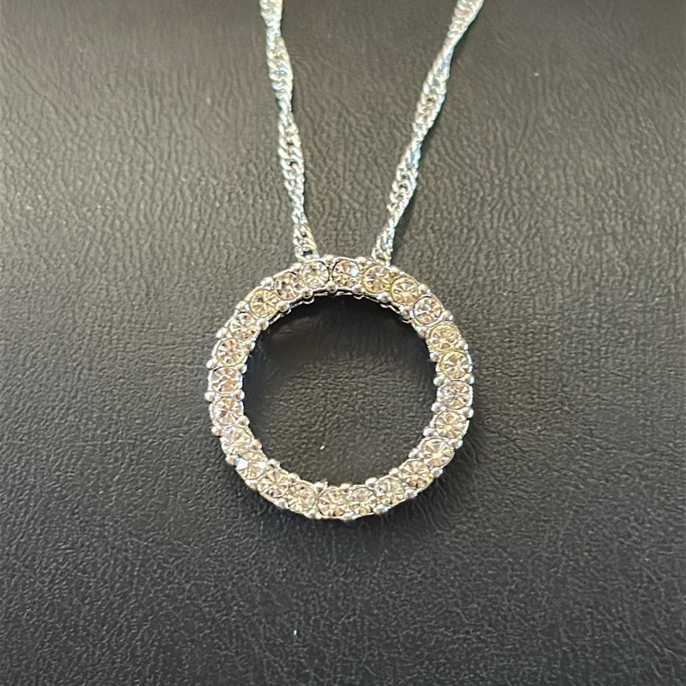 26.  Rhinestone Floating Halo Pendant on Silver-tone Chain Necklace